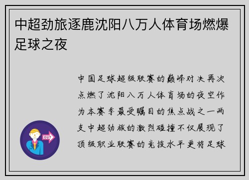 中超劲旅逐鹿沈阳八万人体育场燃爆足球之夜